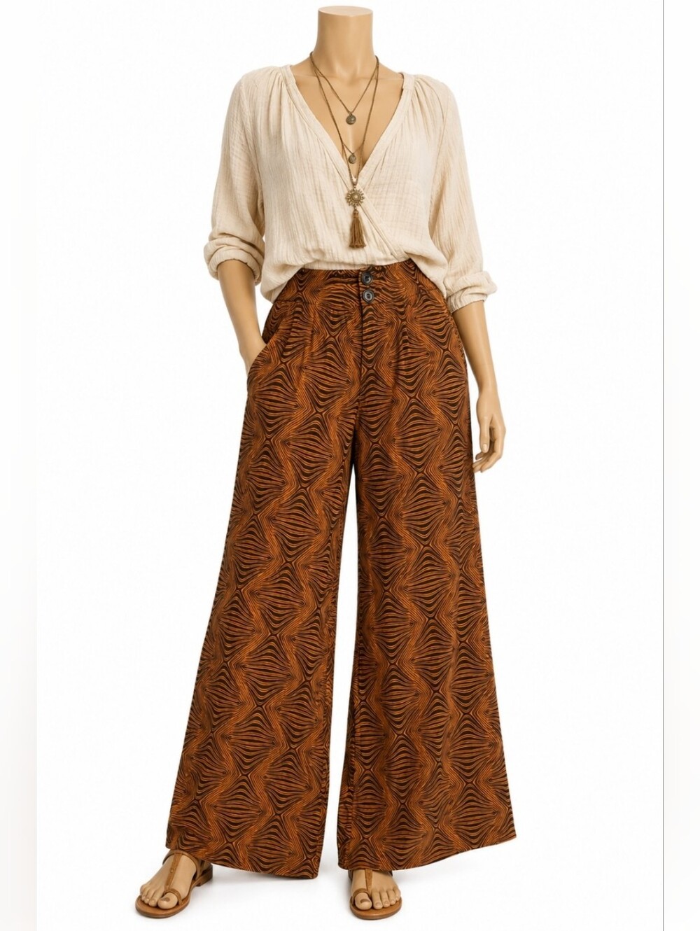 Valija Boho Wide Leg Printed Pants Brown Black Rayon Size 10